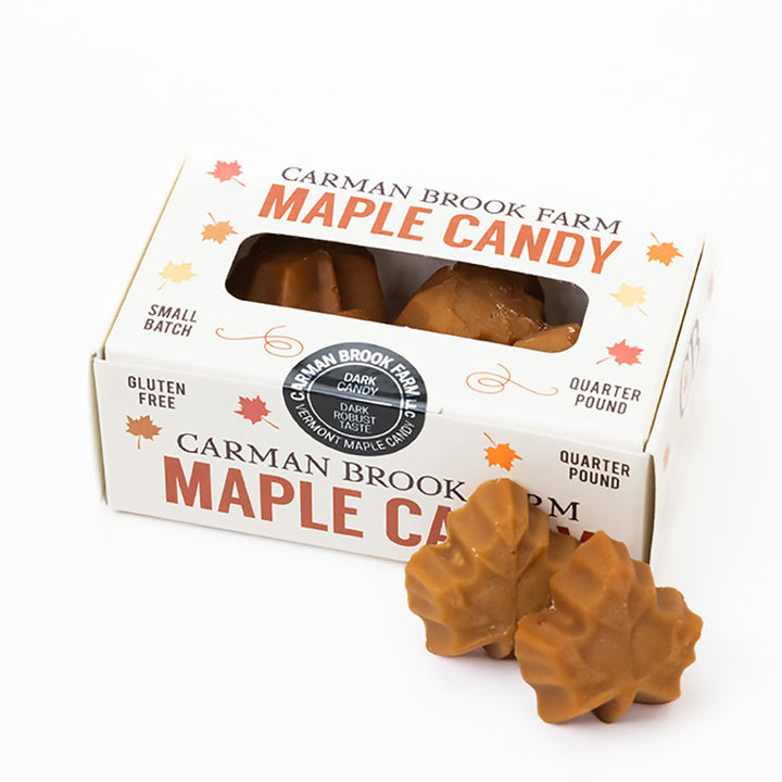 Dark robust maple candy in a quarter-pound box in  hearts and maple leaves for Valentine's Day.
