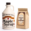 Half gallon of maple syrup paired with chocolate chip pancake and waffle mix.