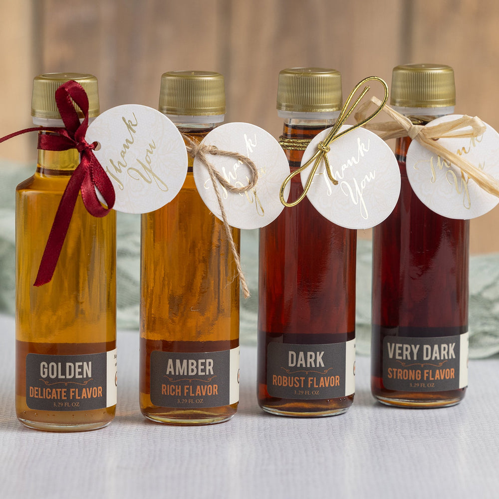 four different grades of maple syrup to pick for your wedding favors.