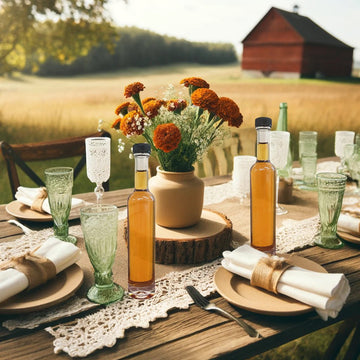 These party favors stand tall and proud on a countrside place setting for a wedding.