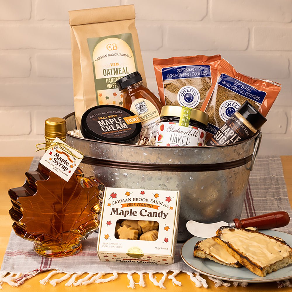 Maple syrup, candy and cream are naturally gluten free and round out this gift basket of vegan breakfast foods.