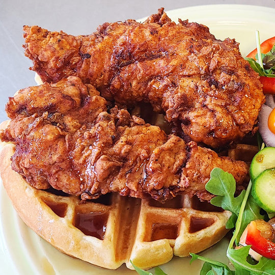 Chicken and Waffles with Carman Brook Farm maple syrup.