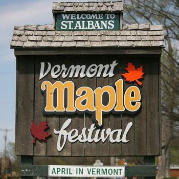 St Albans Vermont Maple Festival sign welcoming fair goers to the city.