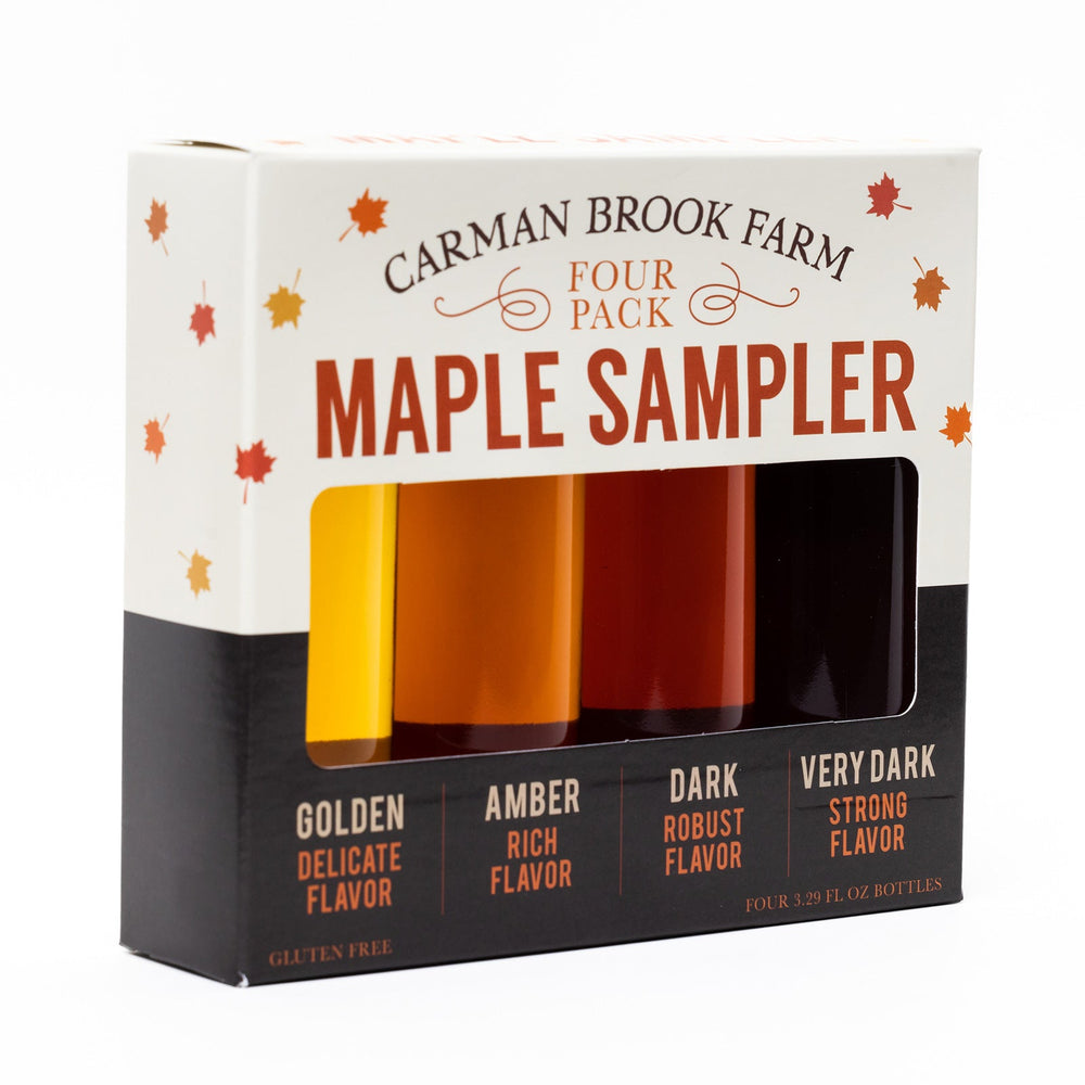 Vermont maple syrup 4 bottle sampler shrink boxed for gift giving.