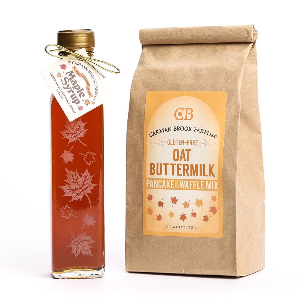 Autumn leaf maple syrup bottle in amber rich taste grade with our gluten free pancake and waffle mix.