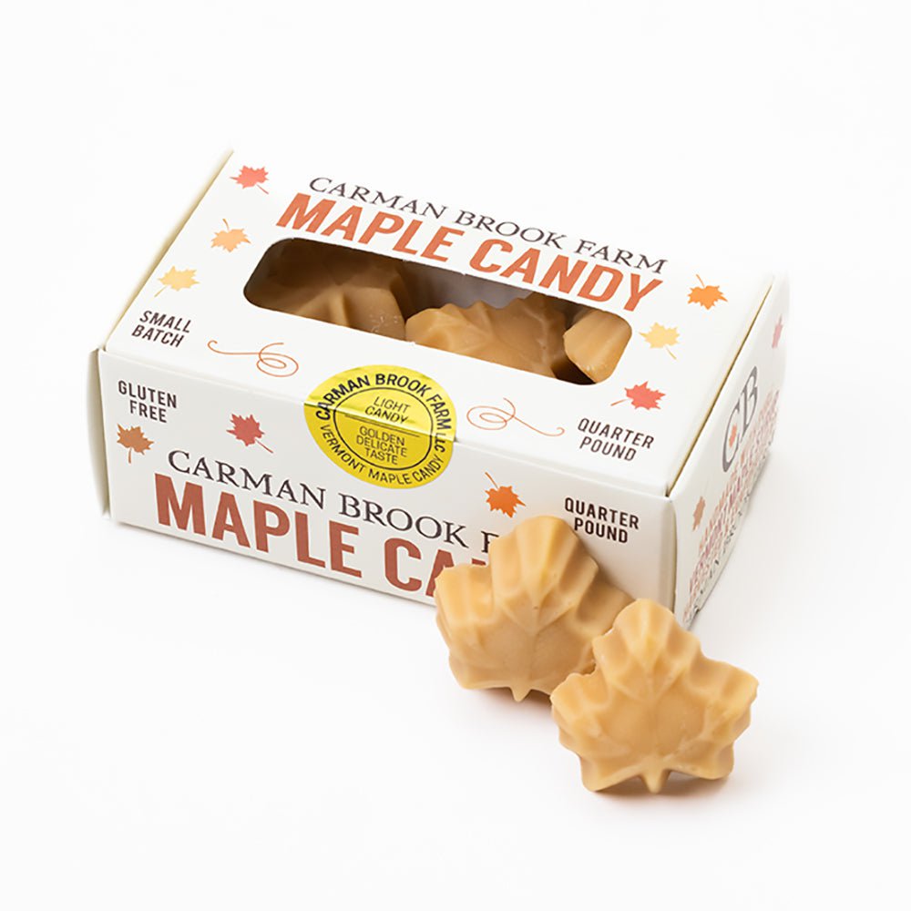Christmas maple candy in golden delicate flavor in a quarter pound box.