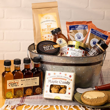 All four  grades of maple syrup are in this gift basket. Try them all on the  gluten free pancake mix.