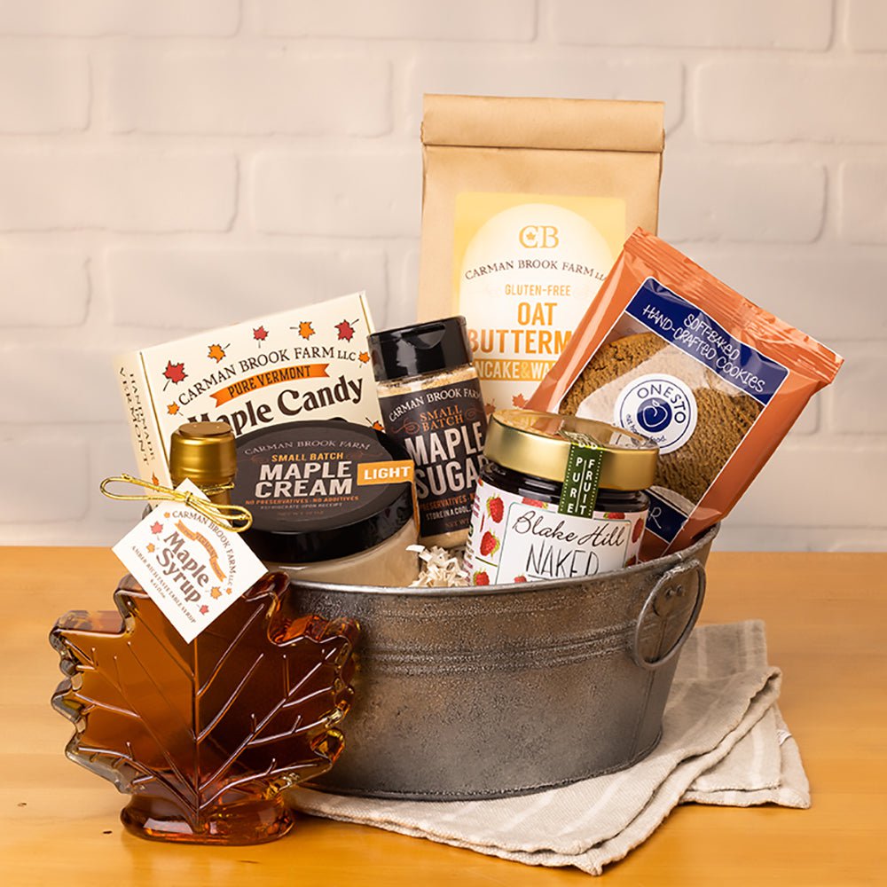 This gluten free comfort food gift basket includes Vermont maple syrup, pancake mix, cookie, jam and other maple treats..