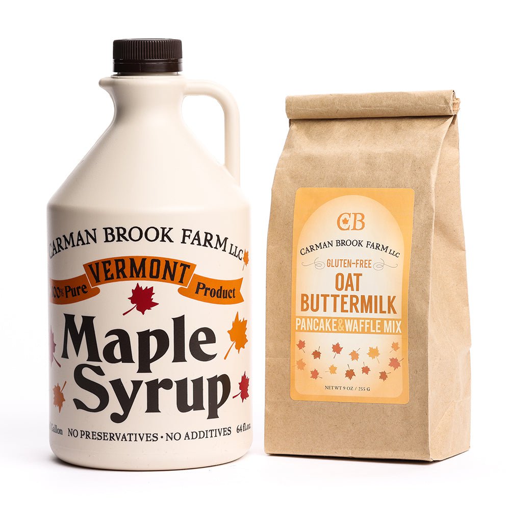 Half gallon of maple syrup with our gluten free pancake and waffle mix.