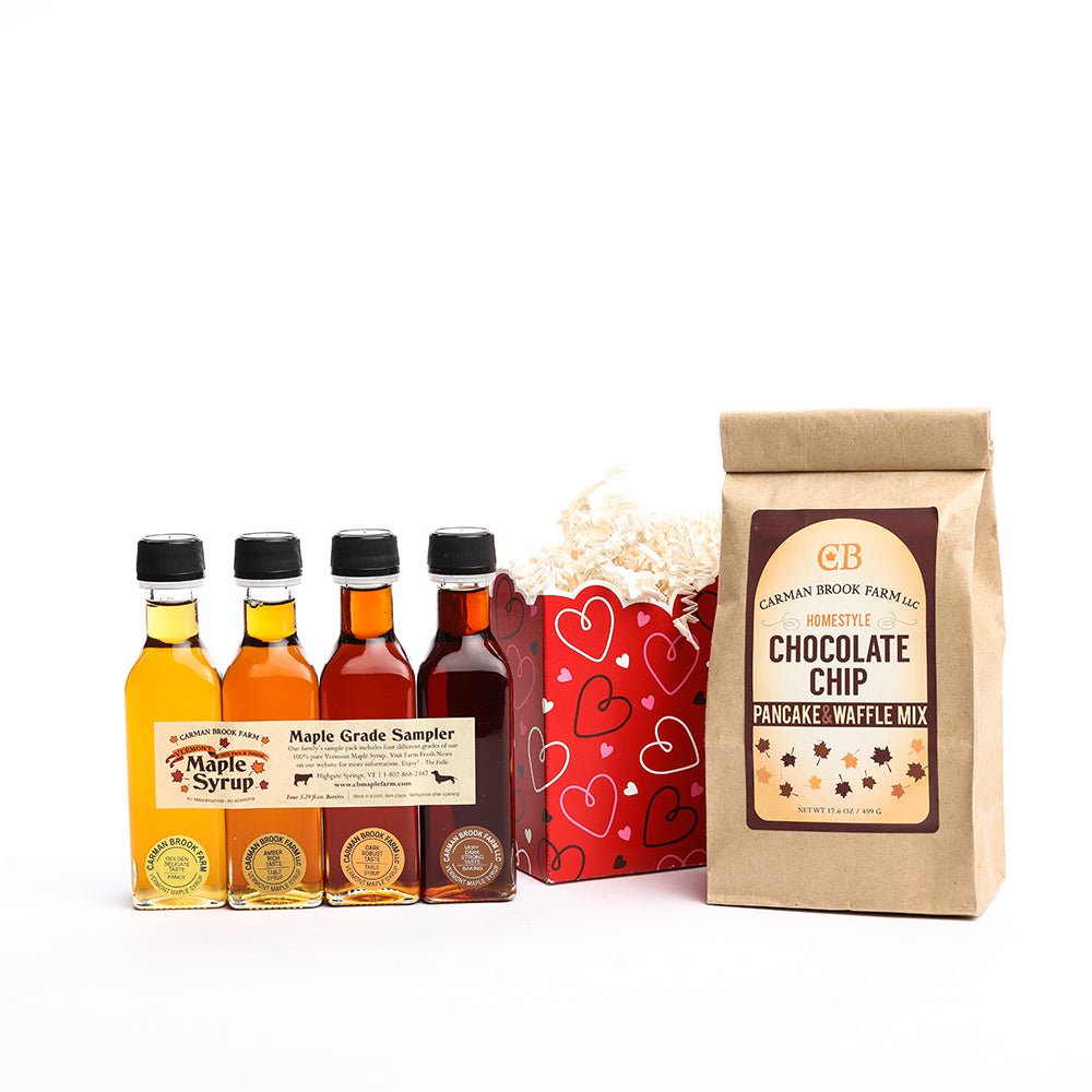 Valentine's Day box for pancake mix and maple syrup sampler set.