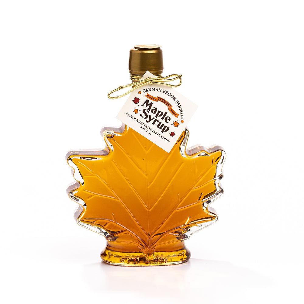 8.45 oz. maple leaf bottle filled with amber rich taste maple syrup.