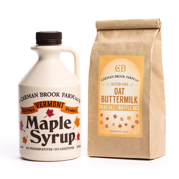 Quart of maple syrup in your choice of grade with gluten free pancake and waffle mix.