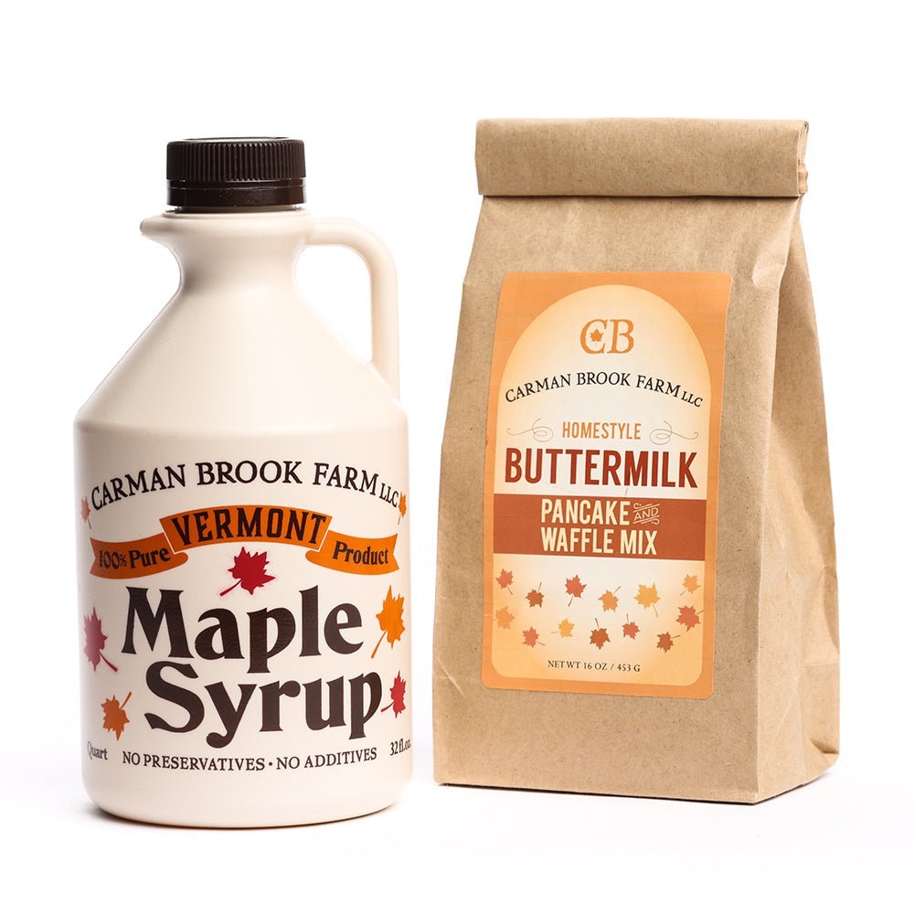 Quart of maple syrup with buttermilk pancake and waffle mix.