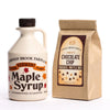 Quart of maple syrup with a choice of chocolate chip pancake and waffle mix.