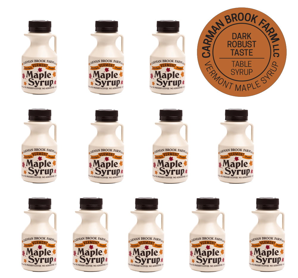Displaying 12 half pints of maple syrup with the emblem for the grade of Dark Robust Taste/Table Syrup.