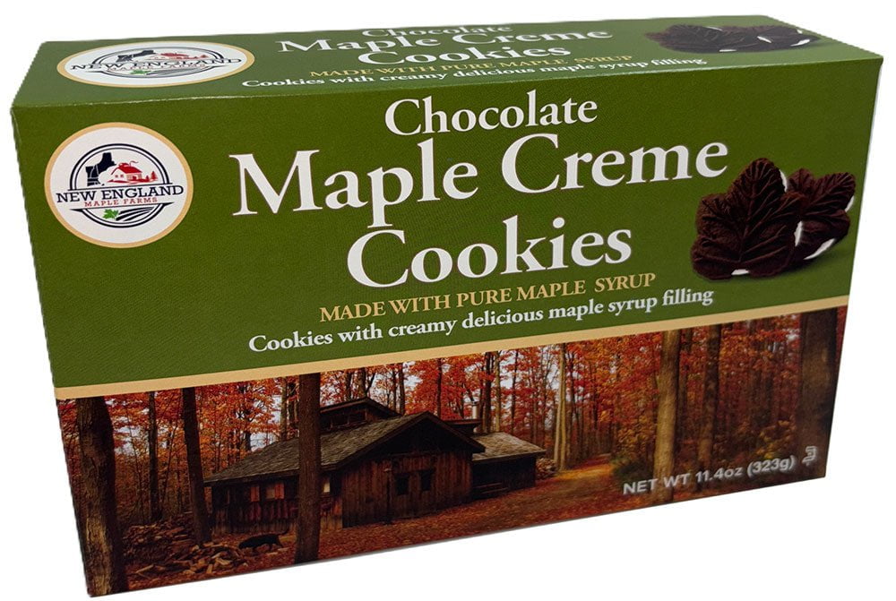 Box of Chocolate Maple Creme Cookies with a scenic design on the packaging.