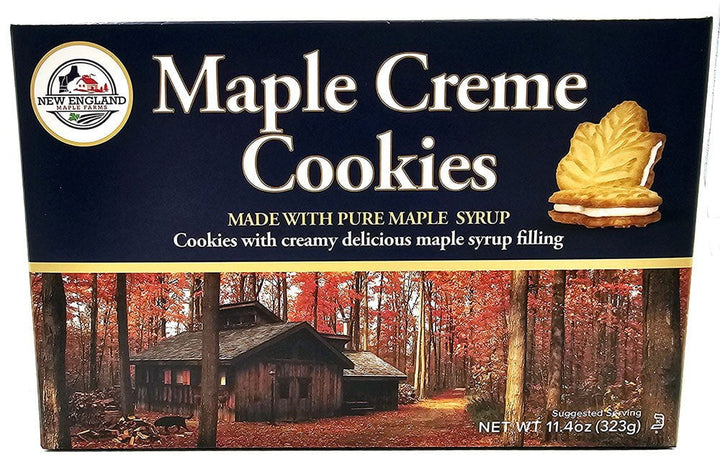 Box of Maple Creme Cookies with a cabin in the woods design on the packaging.