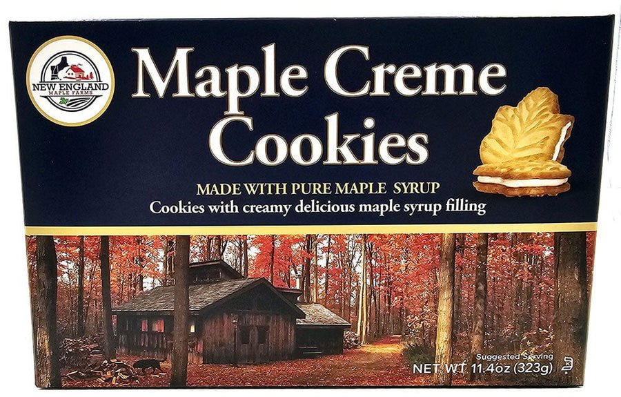 Box of Maple Creme Cookies with a cabin in the woods design on the packaging.