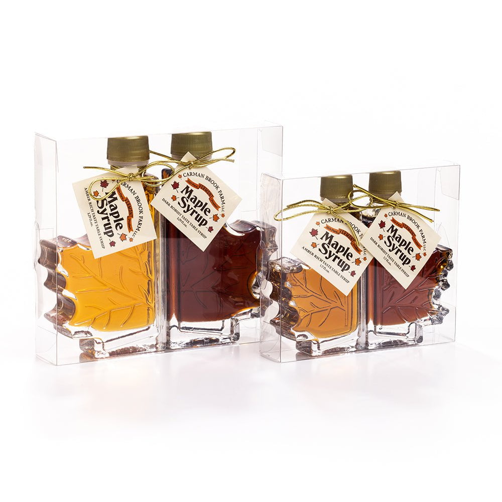 3.29 and 1.7 oz. set of split leaf maple syrup bottles in amber rich and dark robust taste maple syrup.