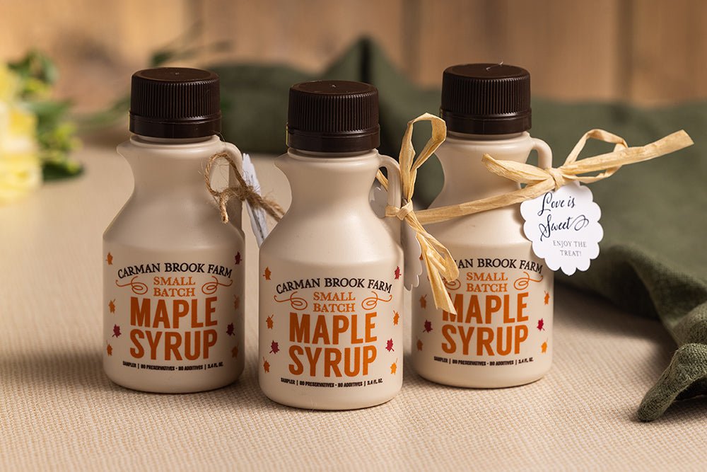 A bottle of Carman Brook Farm Amber Rich Taste maple syrup in a sampler bottle is the perfect size for your guests.