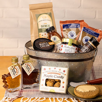 A full tin bucket of delicious gluten free food products sourced locally in Vermont.