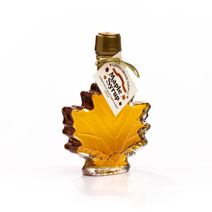 Medium Vermont maple syrup leaf bottle with raised glass leaf design