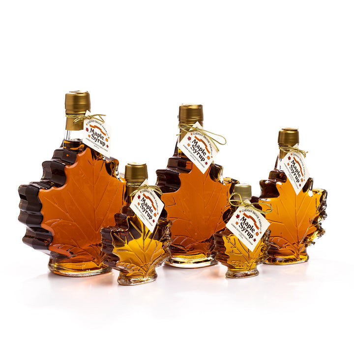 Vermont maple syrup leaf bottles in five elegant glass sizes.