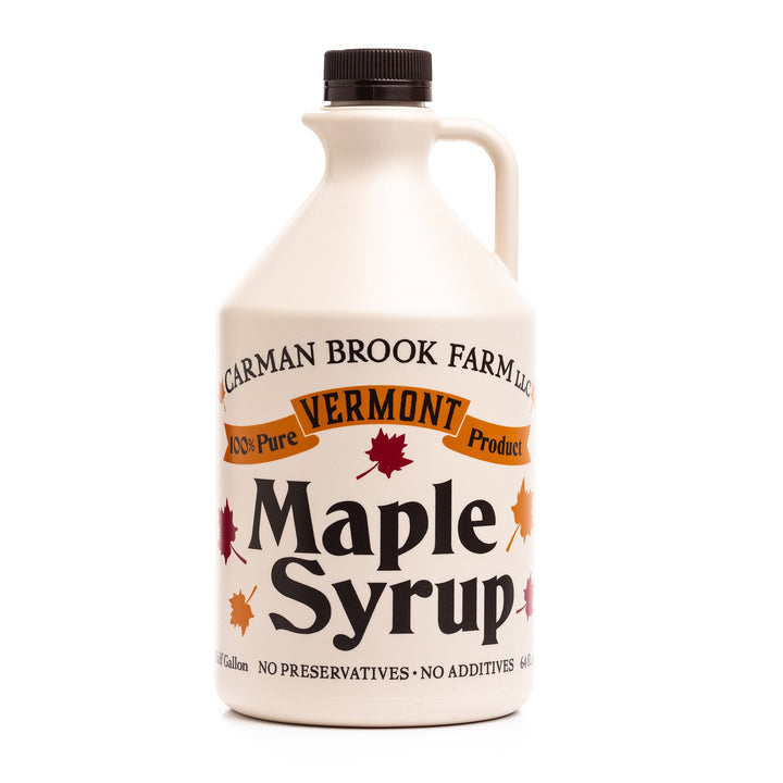 Half gallon Vermont maple syrup plastic jug from our family farm