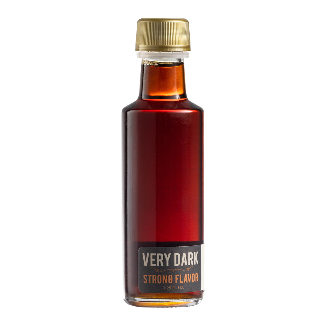 Very dark strong Vermont maple syrup wedding favor bottle.