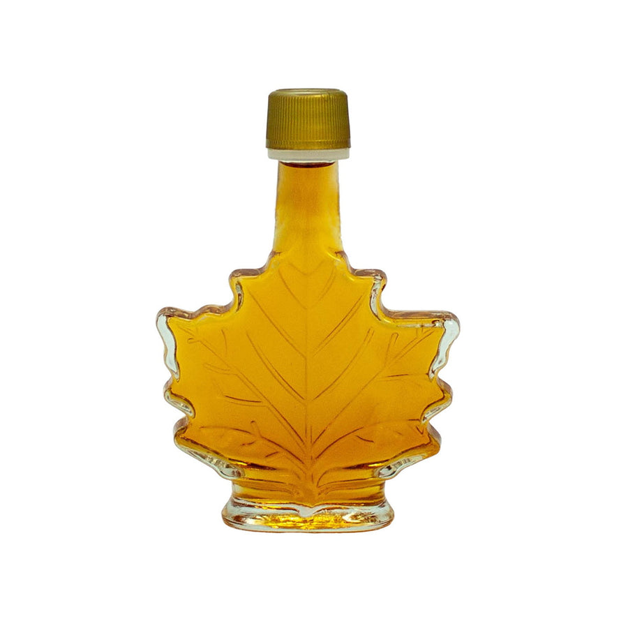1.7 oz maple leaf bottle filled with Vermont maple syrup wedding favor.