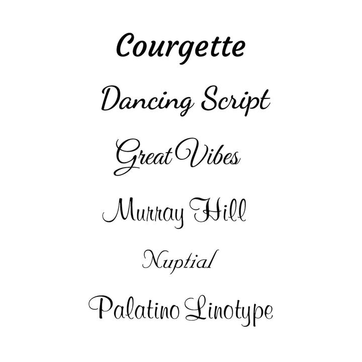 Font options available for engraved Vermont maple syrup wedding favors including Courgette, Dancing Script, Great Vibes, Murray Hill, Nuptial, and Palatino Linotype.