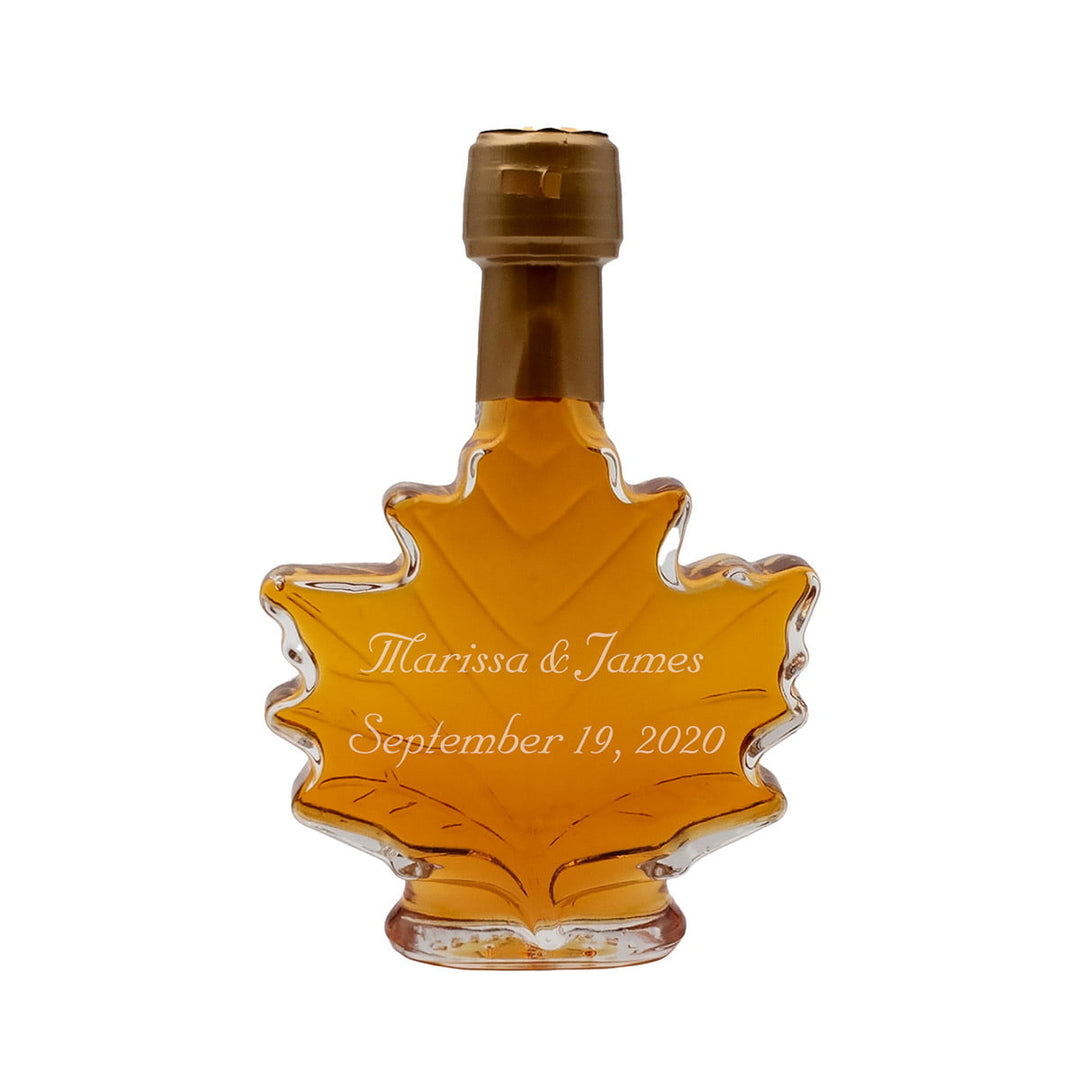 3.29 oz Vermont maple syrup leaf bottle engraved wedding favor