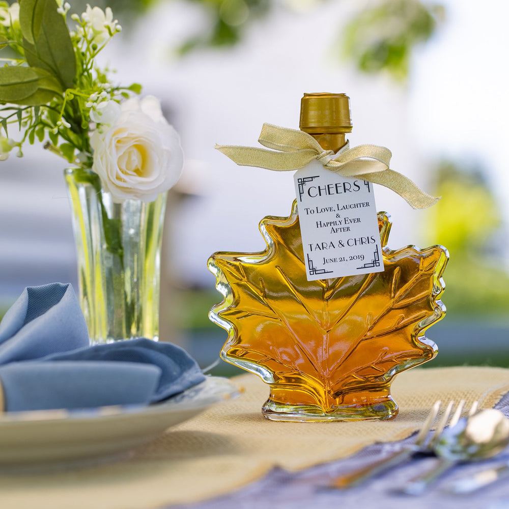 Large maple leaf Vermont maple syrup wedding party favor.