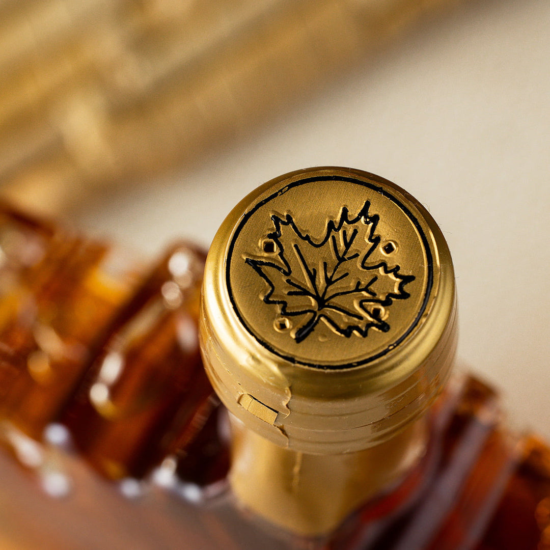 8.45 oz Vermont maple syrup leaf bottle foil cap detail gold seal wedding favor