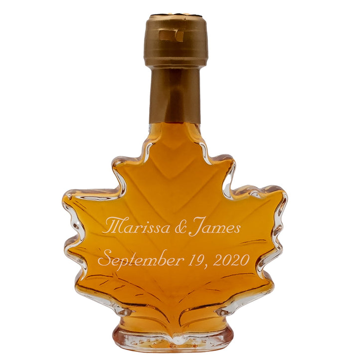 8.45 oz Vermont maple syrup leaf bottle engraved wedding favor.