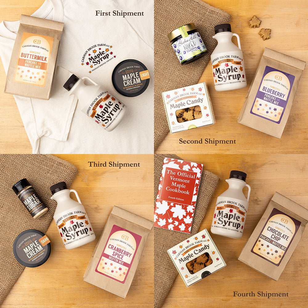 Maple syrup, candy sugar and cream with jam and dry mixes make up this family gift in deliveries.