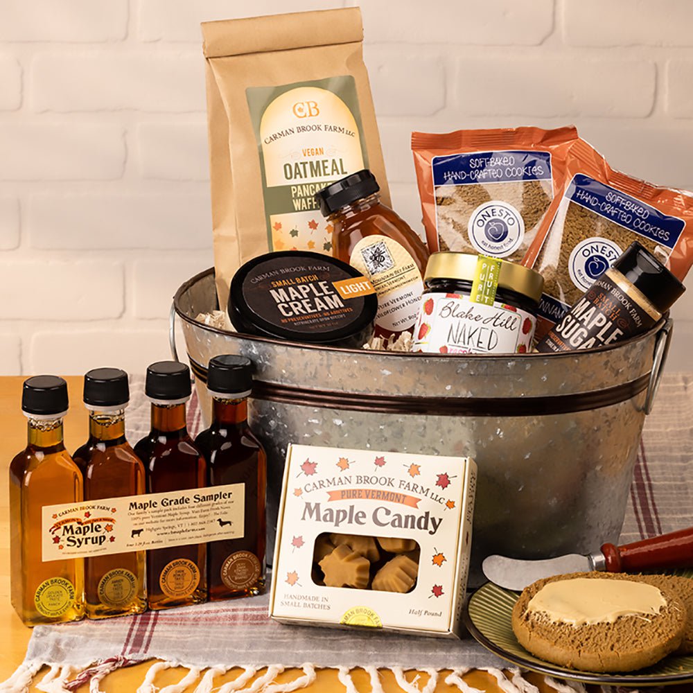 Maple syrup, candy and cream are naturally gluten free and round out this gift basket of vegan breakfast foods.