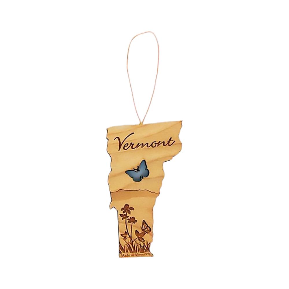 Vermont wooden ornament for summer with a butterfly cutout.